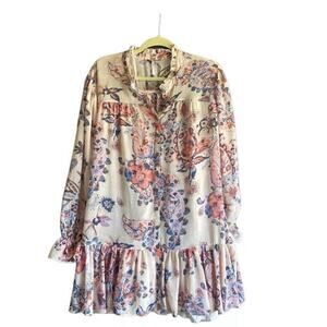 FREE PEOPLE MINI DRESS IBIZA NIGHTS FLORAL PAISLEY CHIFFON SZ XS OATMEAL FAIRY